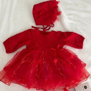 Red Long sleeve Dress With Matching Hat 6-9 Months Baby Girl